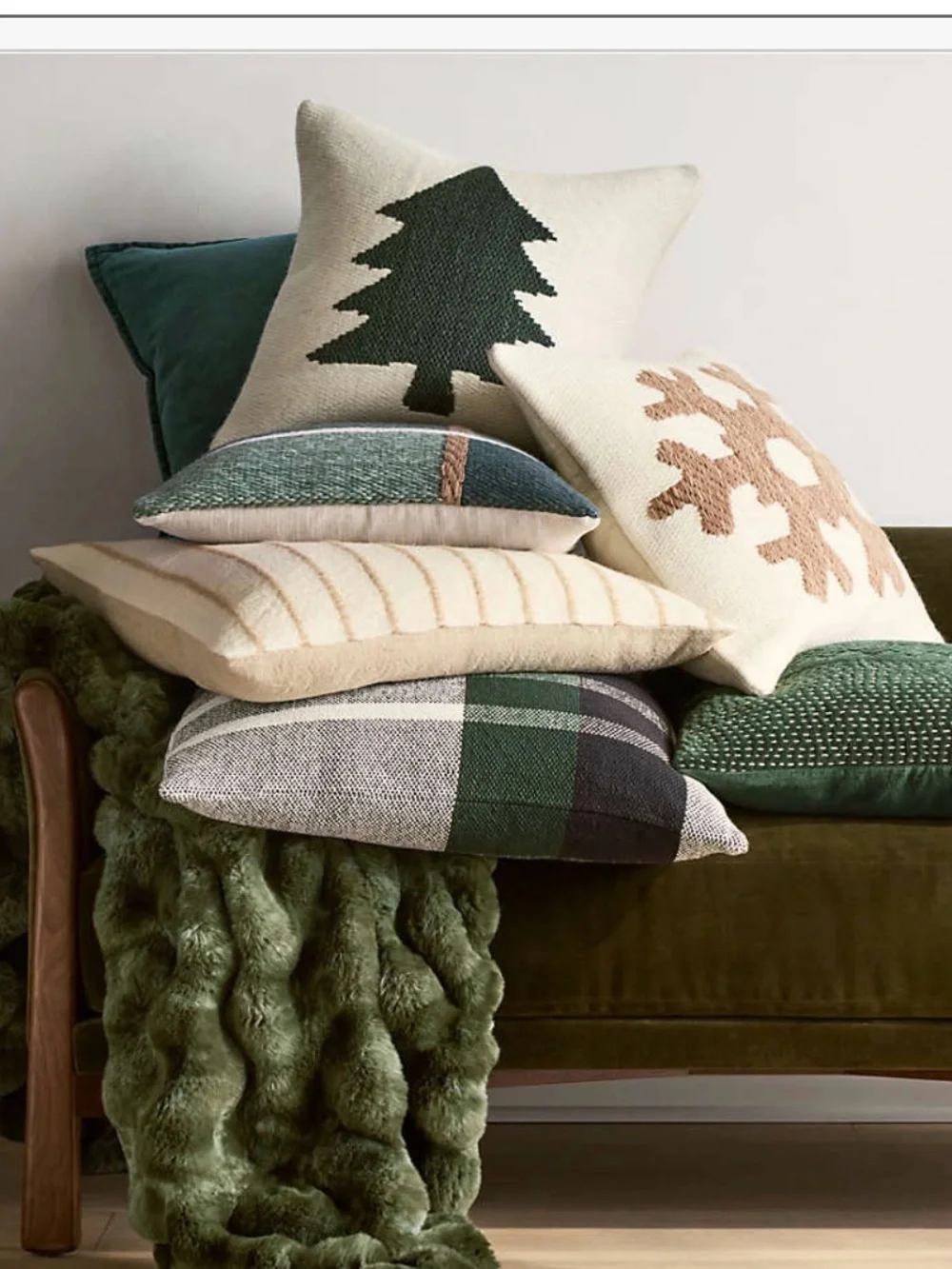Crate&Barrel Green and Cream Holiday Pillow Set with Tree and Reindeer Motifs